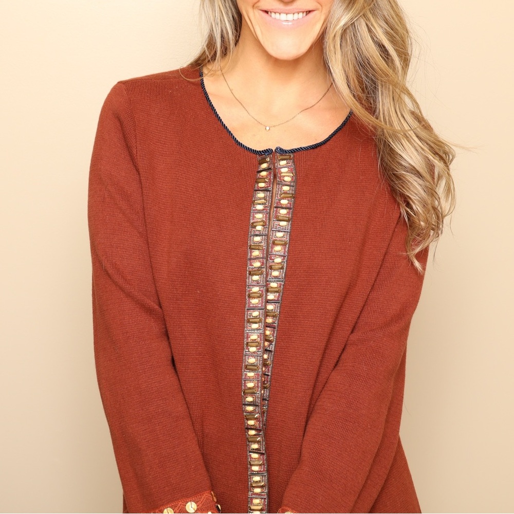 Chico’s Brown Embellished Longline Duster Cardigan Sweater